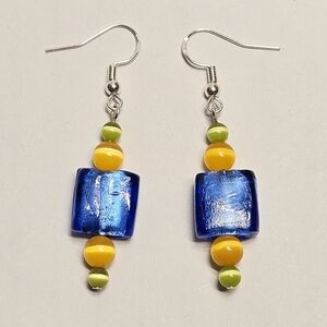 Blue, Orange, Green Glass Beaded Earrings